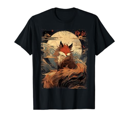 Vintage Japanese Scenery Kitsune Fox in The Moon Night T-Shirt