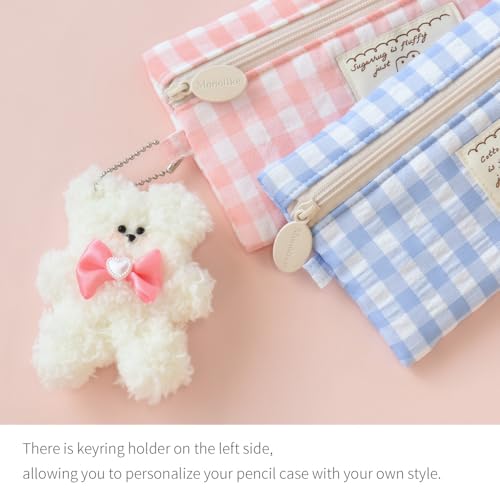 Image of Monolike Unmatched Friends Fabric Check Pencil Case, Pink - Pencil Pouch, Portable Pencil Bag, Pencil Case, Office Pouch case, Fabric, Cushion, Soft, Pastel