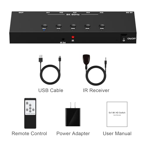 Image of 5Port HDMI Switcher 8K@60Hz 5In 1Out HDMI Selector with IR Remote Supports Full HD 4K /1080P /3D & HDCP2.2 for Switch,Xbox,PS4 /PS5,Fire Stick,Roku,Apple TV
