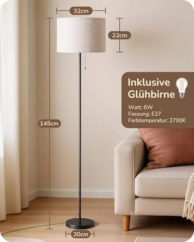 EDISHINE Stehlampe Wohnzimmer, Leinen-Lampenschirm, 2700K, Schwarz, 145cm – Ansicht 7