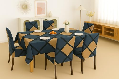 Image of Homerz Premium 6 Seater Dining Table Cloth with 6 Dining Chair Covers,Elastic Fitted Chair Slipcovers, Printed Polycotton Fabric, Table Cloth Size 60x90 inch (Biscoff)