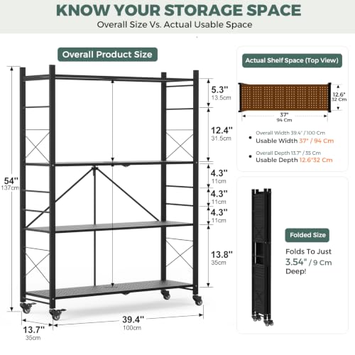 Image of DEANIC 4 Tier Foldable Storage Shelves with Wheels, Large Capacity Shelving Unit, Freestanding Metal Wire Shelf Rack, No Assembly Organizer Rack for Garage Kitchen, Basement, Pantry (1, Black-Plus)