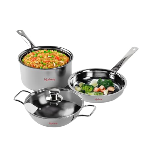 Image of Lifelong Triply Kadai, Frypan & Saucepan for Cooking | Stainless Steel 22 cm Kadai & Fry Pan with Glass Lid | 14 cm Sauce Pan | Induction Bottom & Gas Stove Cookware (Silver, LLOTPC01), 1 Piece