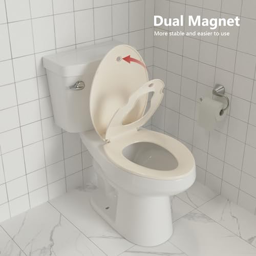 Toilet Seat Elongated,Toilet Seat with Toddler Seat Built in, Potty Training Toilet Seat Fits Both Adult and Child, with Soft Close, Easy Install and Clean - Fits Most Elongated Toilets Almond