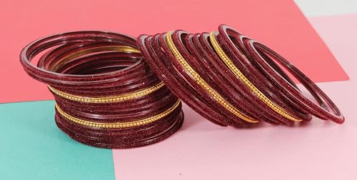 Image of NMII Glass Bangles For Women and Girls with Velvet and Golden Ballchain Linked | Plain Glass Bangles | Velvet Chudi Set | Bangles For Women | Stylish Glass Chudi Bangles- Set of 28