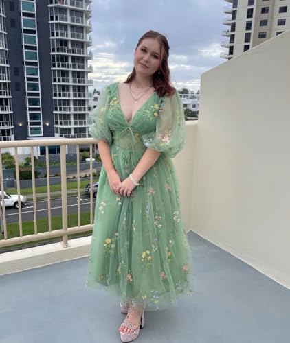 UZN Puffy Sleeves Prom Dresses Tulle Flower Embroidery Tea Length Formal Gowns V Neck Evening Party Dress4