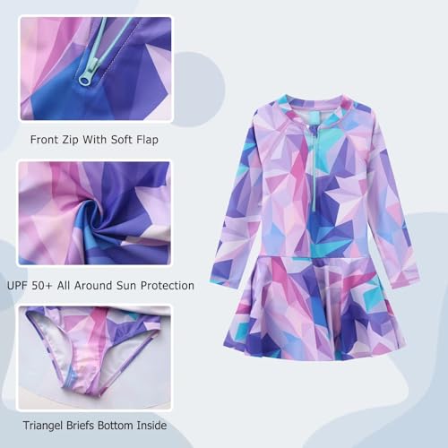 Image of Aisyee Girls One Piece Swimsuits Swim Dress for Girls Long Sleeve Rash Guard Bathing Suits Hawaiian Skirt Swimwear 3-16 Years