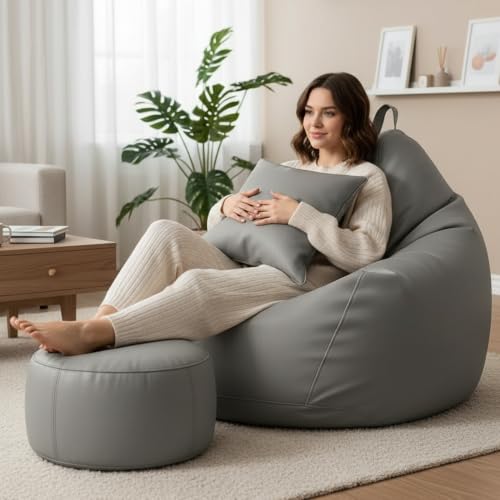 Image of KAM'S LIEU Leatherette Bean Bag Chair with Footrest | Filled with EPS Beans | Comfortable Sofa for Living Room & Bedroom | 4XL Size, Easy to Clean Color- (Grey)