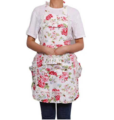 Xiabing Women's Cotton Floral Apron with Pockets, Adjustable Long Ties for Kitchen Cooking, Baking and Gardening, 28x22 inch