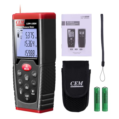 CEM LDM-100H Laser Distance Measure 328ft, IP54 Waterproof, Measures Distance, Area, Volume, M/In/Ft Switch, Includes Batteries & Illumination