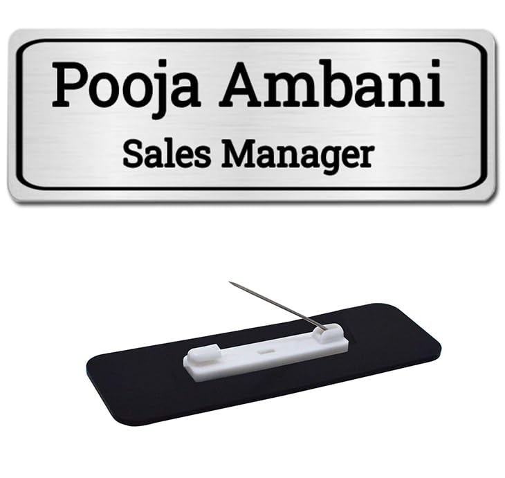 Addline Mart 2 Pieces Personalized Pocket Name Plate Silver 2 Line Badge With Pin Backing For Office School College Student,Uniform,Shirt,Coat. Size: 7.00 Centimeters(W)+2.50 Centimeters(H),2 Labels