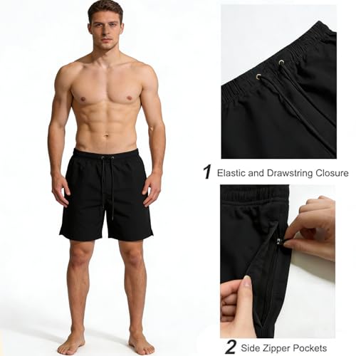 Image of Men's Swim Trunks with Compression Liner, Quick Dry Hawaiian Swimwear Bathing Suit Drawstring Board Shorts