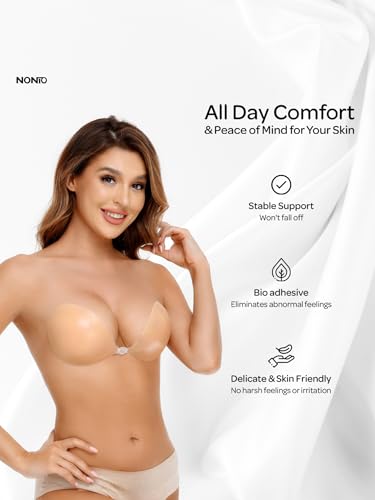 Image of NONIO Adhesive Bra Strapless Sticky Invisible Push up Reusable Silicone The Best Off Backless Viscous for Women (US, Cup Band, F, Nude)