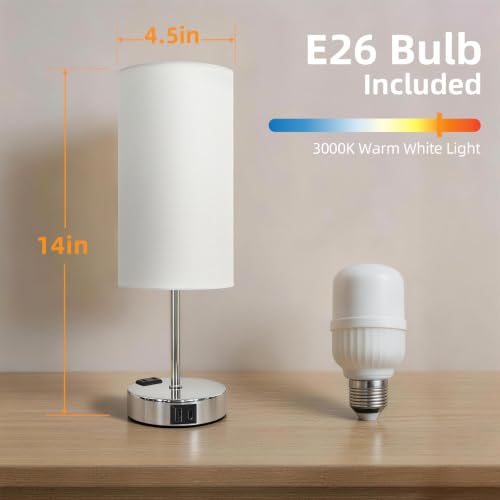 Image of Table Lamp, Dimmable Touch, AC Outlet, USB A+C (White&Silver) | 3-Way Dimmable, Small Touch Lamp with Eye-Care LED Bulb, Ideal Bright Lighting Bedside Lamps for Nightstand, Bedroom, Reading