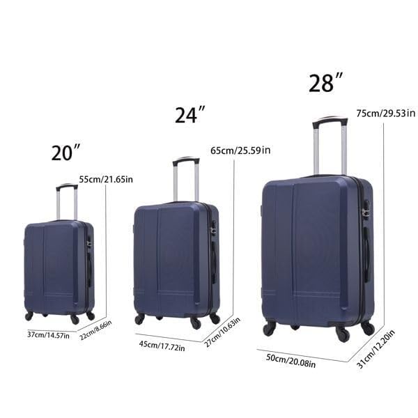 Durable Lightweight Luggage Set of 3 (20/24/28 inch) - Hard Shell Design with 360° Rotating Wheels - Stylish Blue Travel Suitcase Set2