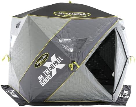 CLAM 14471 Portable 4 to 6 Person 9 Foot Jason Mitchell X5000 Ice Fishing Angler Thermal Hub Shelter Tent with Anchors, Tie Ropes, and Carrying Bag