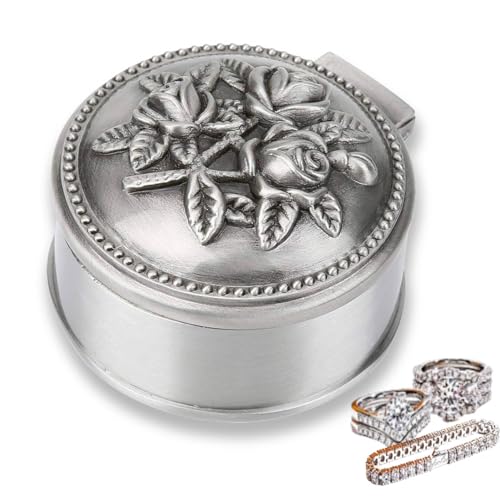 Agatige Vintage Jewelry Box, Round Embossed Rose Flower Pattern Trinket Box Earrings Rings Gift