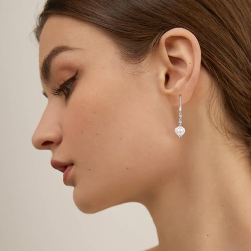 Pearl Drop Earrings - Sterling Silver Fish Hook Dangle Earrings with Cubic Zirconia, Heart-Shaped Pearl Jewelry Gifts for Birthday, Wedding - Image 6
