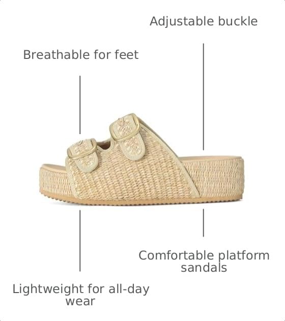 Image of Raffia Sandals for Women Platform Slide Sandals Espadrille Adjustable Double Buckle Summer Comfortable Cute Woven Casual Beach Shoes