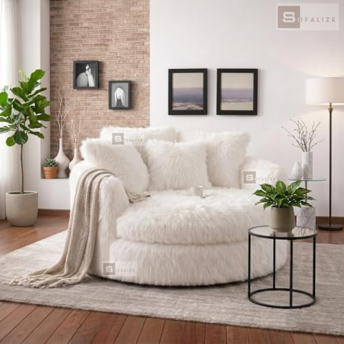 Image of SOFALIZE - Modern Barrel Accent with Pillows Round Sofa Combines Contemporary Design Oversize Arm Chair Cozy Club Chair for Bedroom, Living Room, Lounge, Hotel & Office, Hallways (White Far Fabric)