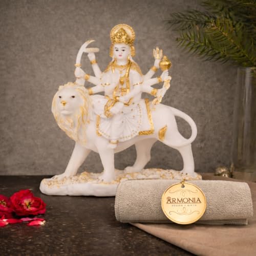 Image of ARMONIA Goddess Durga Idol Sherawali Mata Murti for Home Temple Mandir | Maa Durga Statue for Pooja Room Decor |Marble Dust| Best Gift for Navratri & Housewarming 10 Inch (1 Microfiber Cleaning Cloth)