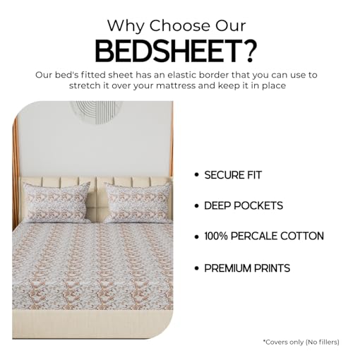 Image of LINENWALAS 100% Cotton 200 TC Double Fitted Sheet with 2 Pillow Covers | 360 Elastic Bedsheet with 4-8 inch Deep Pocket - Soft Breathable Bedding (72x72 inch, Whispering Wings)