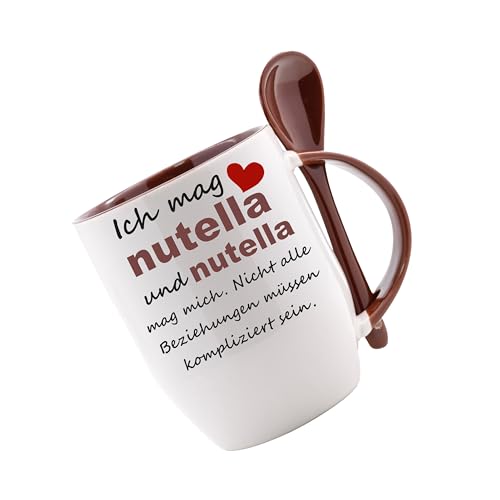 Crealuxe Tasse mit Löffel - Ich mag Nutella und Nutella mag mich - Löffeltasse, Kaffeetasse, Bürotasse, personalisiert mit Name, Keramik, 330 ml,...