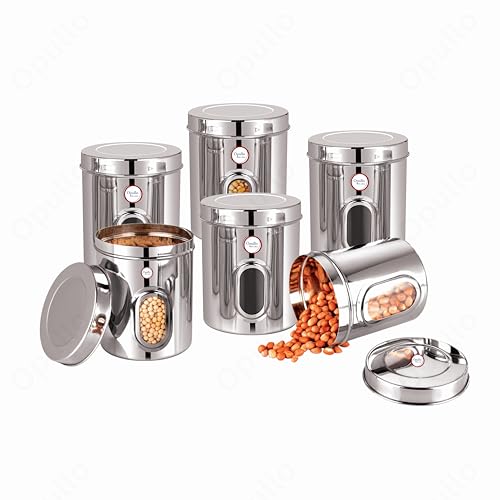Image of Opullo Stainless Steel See Through Containers for Kitchen | Mirror Polished Stainless Steel Containers With Lid and Transparent Window | Multipurpose Dabba Set for Kitchen | Pack of 6 | 750 Gms