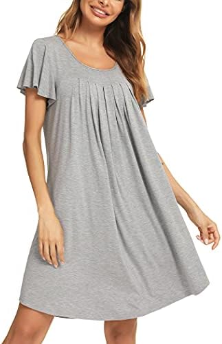 Roojaa Womens Short Sleeve Nightgown Pleated Soft Loose Sleepshirt Casual Nightdress Light Grey