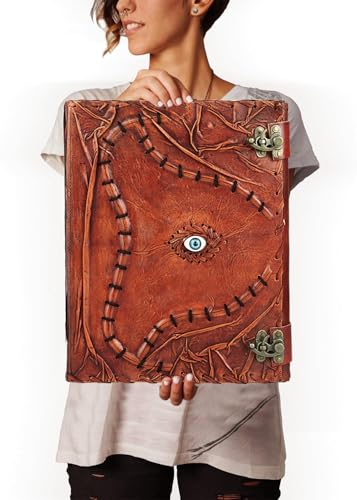 TUZECH Cutomizable Hocus Pocus Book of Spells Leather Journal Third Eye Deckle Edge Paper Grimoire Journal Vintage Book of Shadows Seven Chakra Antique Spell Book Lock Clasp Notebook Witch (10 x 13