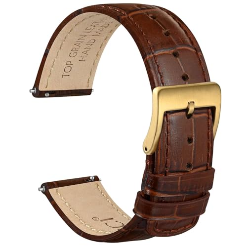 WOCCI 20mm Correa Reloj, Cuero de Grano Superior, Grano de Cocodrilo en Relieve, Liberación Rápida, Hebilla Dorada (Marrón)