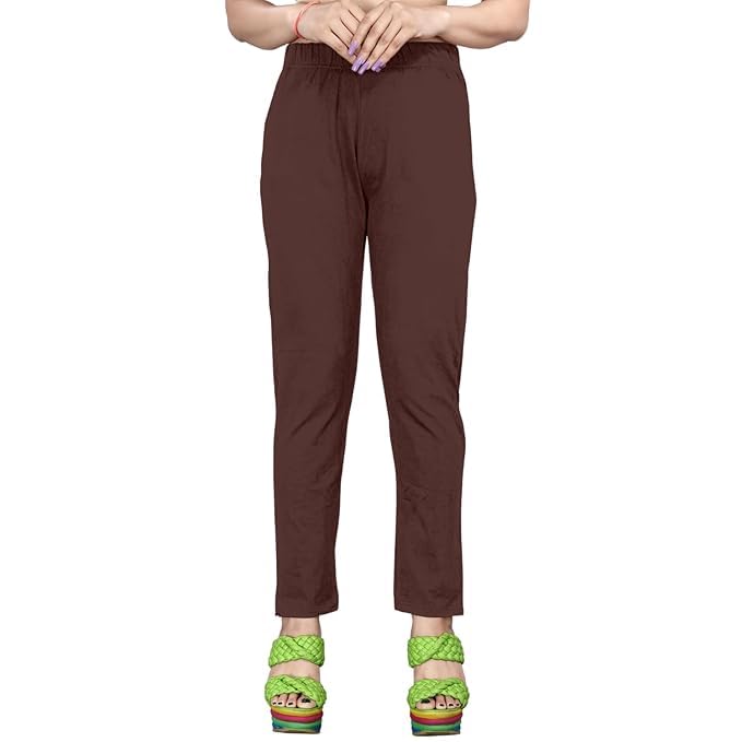 Image of Women's Solid Cotton Lycra Pants-High Waist Slim Fit Stretchable Leggings - Comfortable Long Trousers for Casual, Office & Everyday Wear