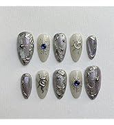 IMRAIN Handmade Press on Nails - Silver Metallic Chrome & Aurora Shiny Design - 10Pcs Almond Shap...