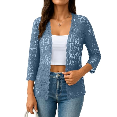 Womens 3/4 Sleeve Bolero Shrugs Crochet Lace Open Cardigan Front Sheer Elegant Casual Cardigan Shrug Tops2
