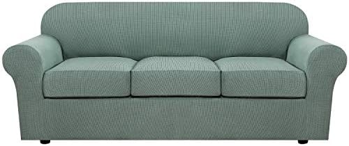 H.VERSAILTEX 4 Piece Stretch Sofa Covers for 3 Cushion Couch Covers for Living Room Furniture Slipcovers (Base Cover Plus 3 Seat Cushion Covers) Upgraded Thicker Jacquard Fabric (Sofa, Sage)
