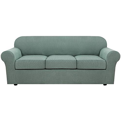 H.VERSAILTEX 4 Piece Stretch Sofa Covers for 3 Cushion Couch Covers for Living Room Furniture Slipcovers (Base Cover Plus 3 Seat Cushion Covers) Upgraded Thicker Jacquard Fabric (Sofa, Sage)
