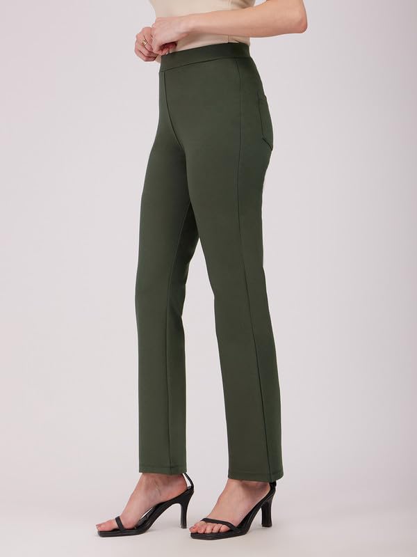 Image of FableStreet Women's Bootcut Stretch Livin Trousers | Nylon Rayon with Mid-Rise Waist | Solid Pattern & Plain Weave Fabric | Office Wear & Business Meetings