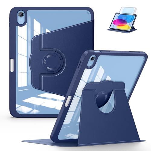 Soke Rotating Case for iPad (A16) 11th Generation 2025, iPad 10th Gen 2022 with Pencil Holder, [Shockproof + Auto Sleep/Wake] 360 Degree Rotation Clear Back for iPad 11'/10.9' - Navy Blue