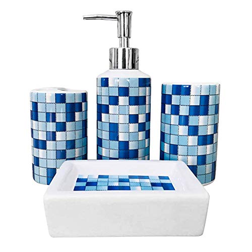 MUZI Lot de 4 accessoires de salle de bain en céramique au design moderne avec distributeur de savon, support de brosse à dents, gobelet, porte-savon (mosaïque bleue)