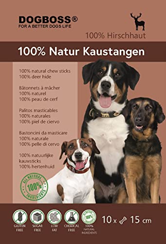 DOGBOSS 100% Natur Kaustangen 100% Hirschhaut oder 100% Pferdehaut, 10 Stück x 15 cm (10er 100% Hirschhaut)