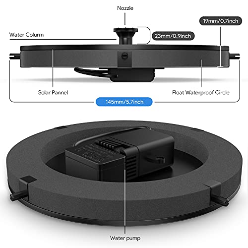 Fonteinpomp Zonne Energie 1W - THEGUS Rond Zonne Energie Waterfonteinpaneel met 6 Mondstukken, Vrijstaand Drijvend Buitenwaterfontein op Zonne Energie Voor Vogelbad/Aquarium/Vijver Patio/Tuindecoratie - Image 8