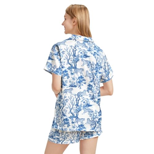 Image of Silk Satin Pajama Set for Women Summer Lounge Pjs Sets 2 Piece Suit Ladies Button Down Tops And Shorts Sleepwear