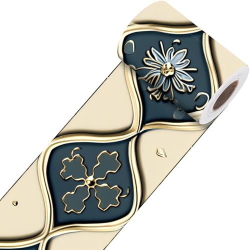 Image of Nuxovilar Blue Gold Embossed Floral Border PVC 3.94x16.4' | Wall Trim, Molding Decal, Peel Stick Border, Adhesive Frame, for Bedroom, Kitchen, Living Room (Embossed Floral)