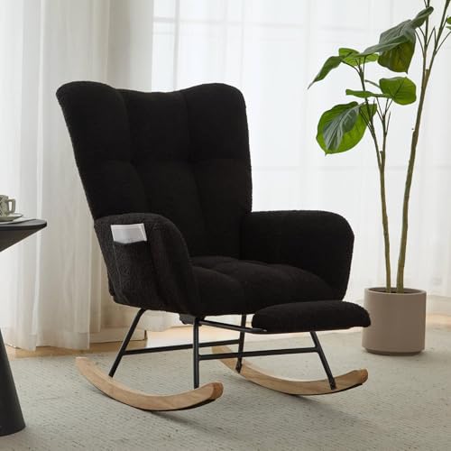Image of ETCZOYE Nursery Rocking Chair Teddy Upholstered Glider Rocker with Footrest Accent Chair with High Backrest Armchair Comfy Side Pocket Chair for Living Room, Bedroom, Offices (Large Black)