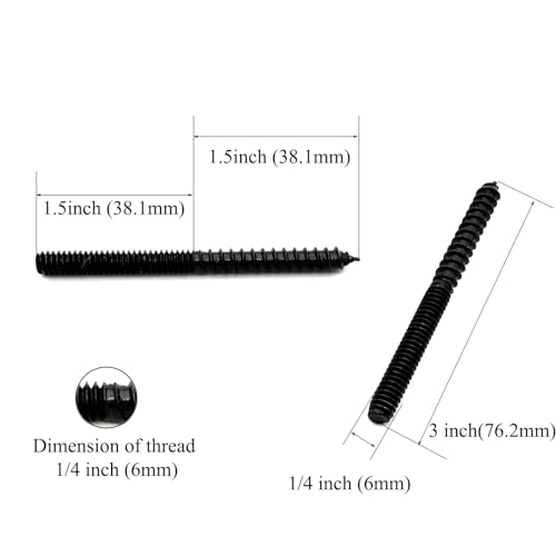 Image of 12 Pack 1 /4-20 x 3 Inch Black Hanger Bolts - Double Headed, Carbon Steel, 1 /4-20 inch Double Screw, Wood Dowel Screw