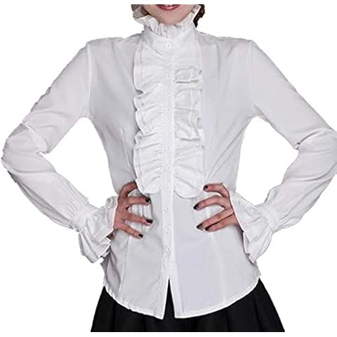 Longfei Ladies High Neck Frilly Womens Vintage Victorian Ruffle Top Shirt Blouse (White, L) Cover