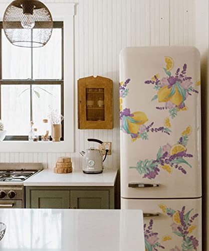 Mitoykus Large Lemon Wall Decal, Removable Fruit Lavender Floral Wall Sticker, Watercolor Pastel Lemonade Wall Art Murals For Kitchen Laundry Living Room Arch Girls Bedroom Refrigerator Decor,Yellow Purple #TOP5