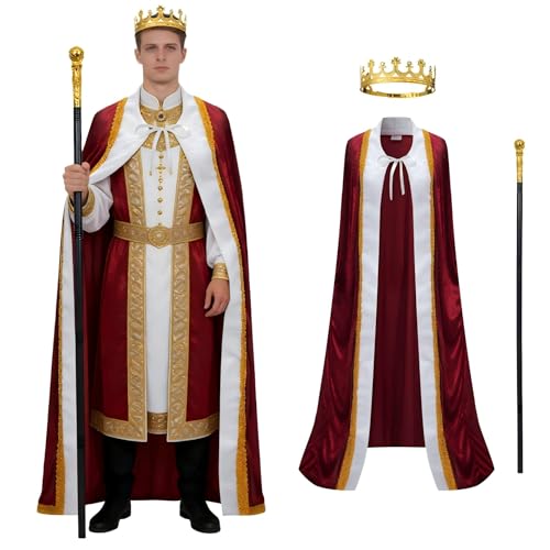 Regenboog King Costume for Men and Women,Queen Costume,Adult Burgundy King Cape Robe Metal Crown Scepter,M