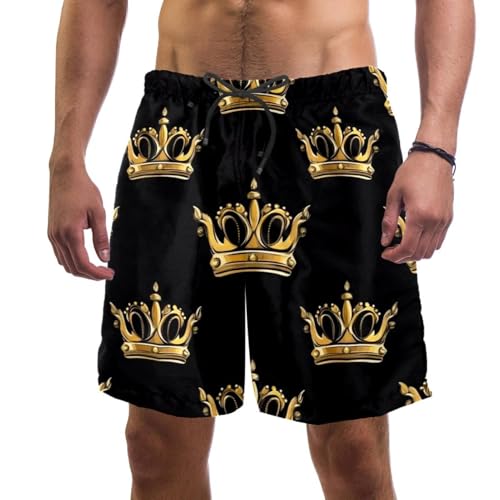 Cute Fun Golden Royal Crown Men's Board Shorts, Quick Dry Beach Swimming Sport Suits with Pockets