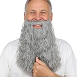 TWAYFEL Long Wavy Grey Curly Big Fake Mustache Beard with Elastic Band for Wizard Costume, Old Man Cosplay, Halloween Party